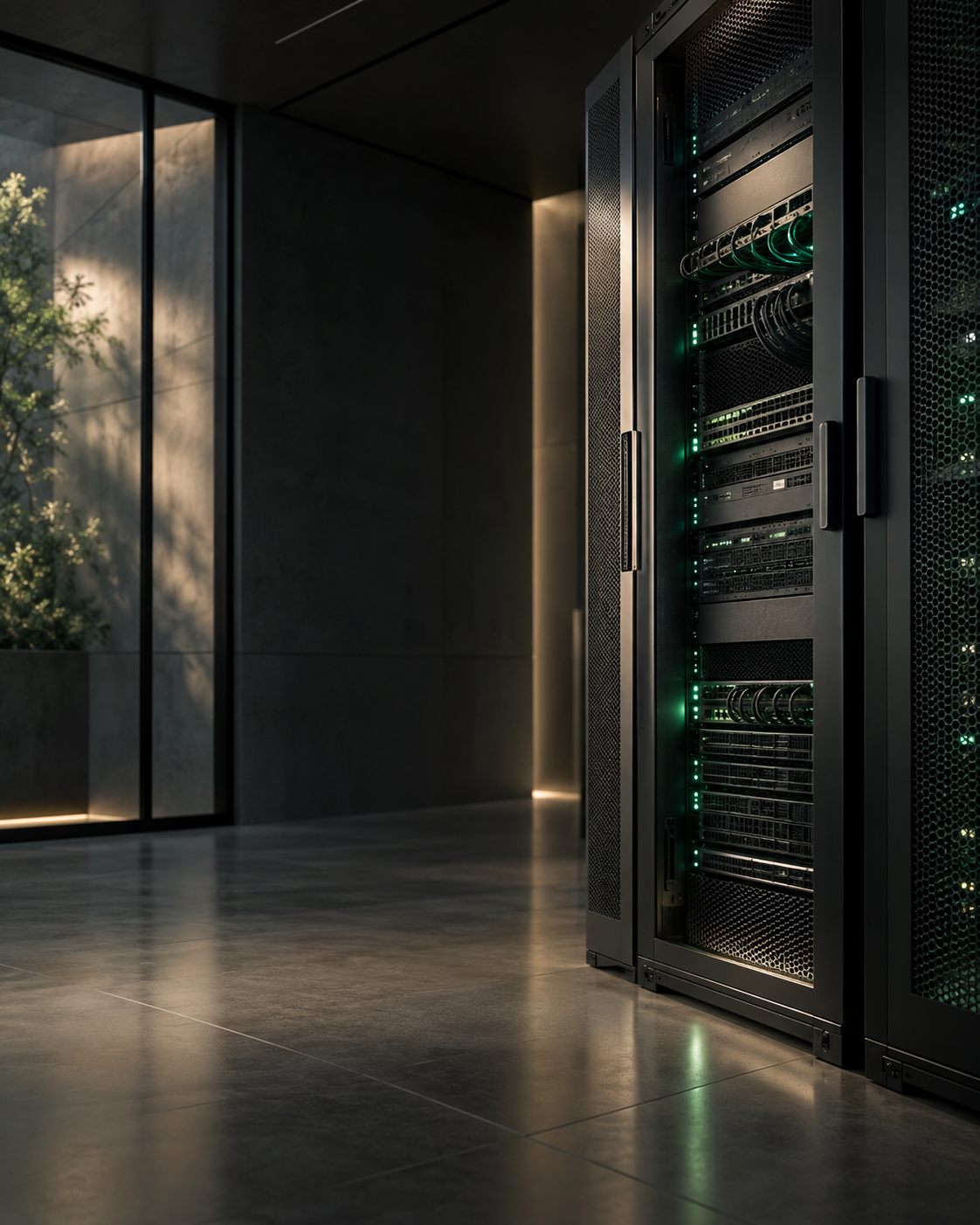 A secure server room with a network rack